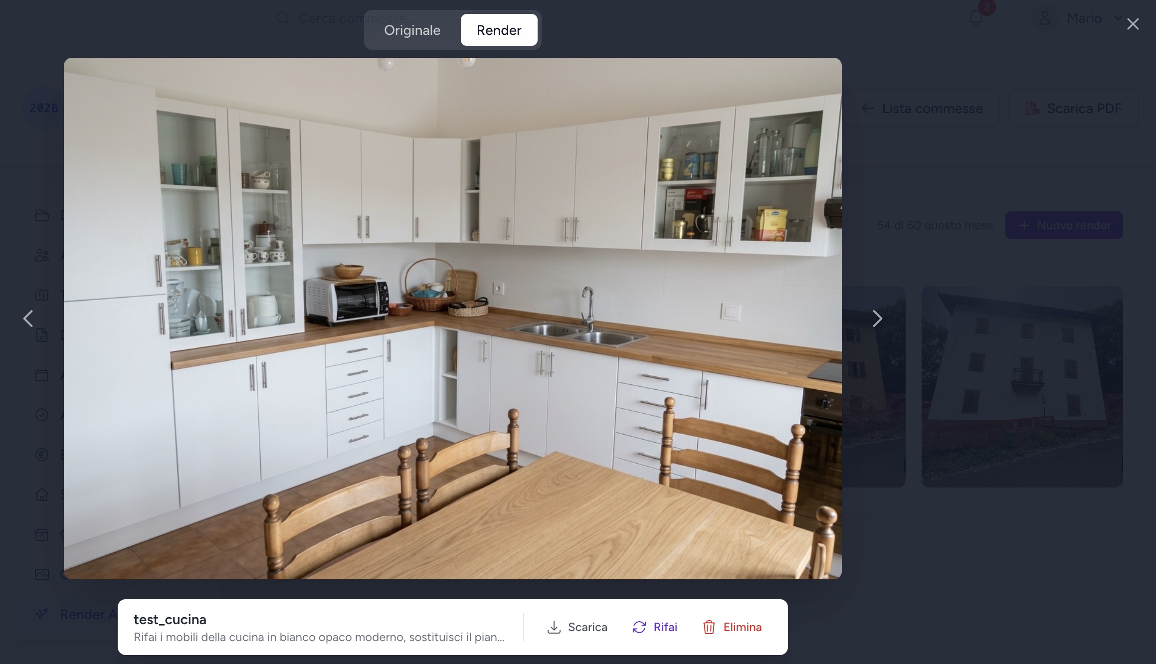 Render fotorealistico della stessa cucina dopo l'intervento, con mobili bianchi opachi e piano di lavoro in legno chiaro