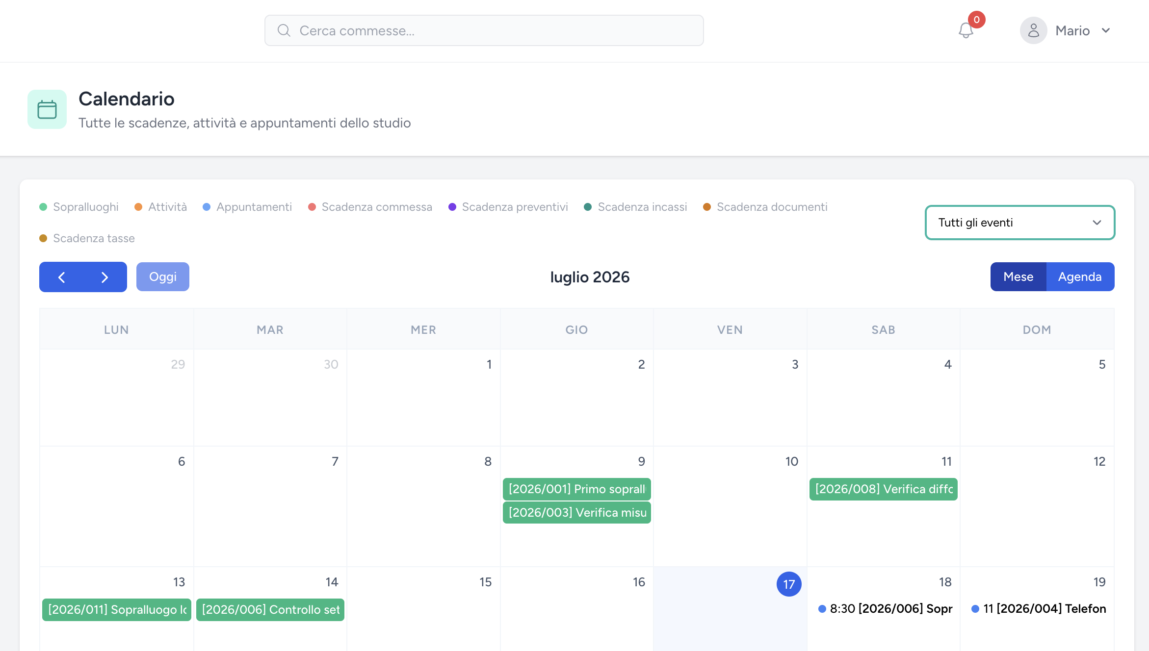Calendario dello studio con appuntamenti e scadenze delle commesse
