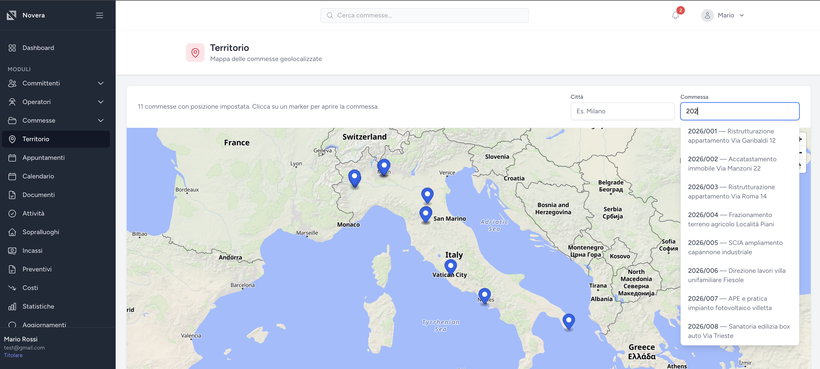 Mappa Territorio con tutte le commesse dello studio geolocalizzate e ricerca per città o commessa